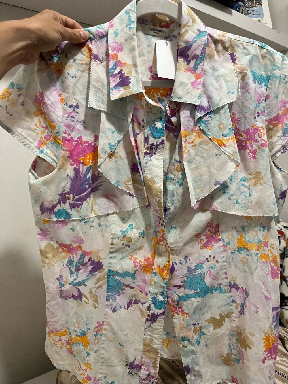 Liz Claiborne Floral Button-Down Top in White with Teal, Purple & Pink